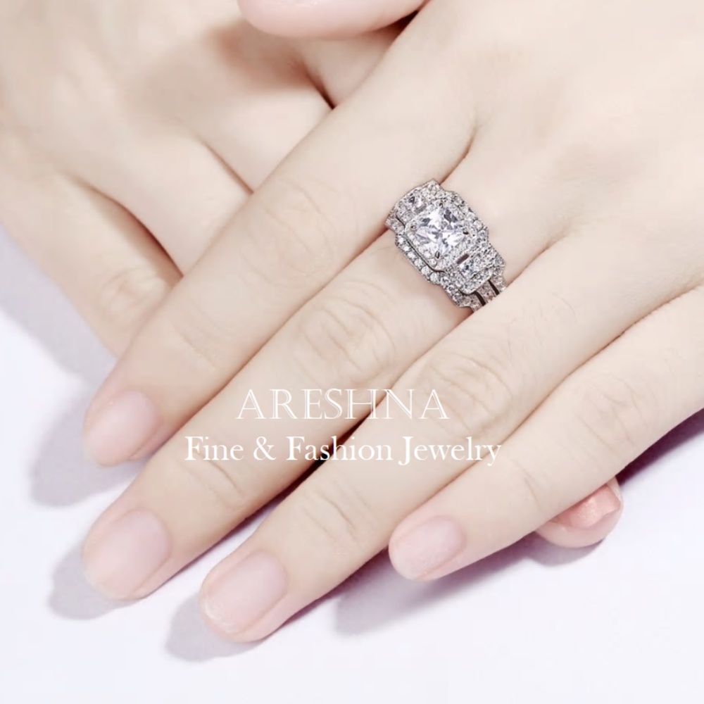 S925 3Pcs Square 1ct Round Diamond Engagement Ring - Picture 4 of 8